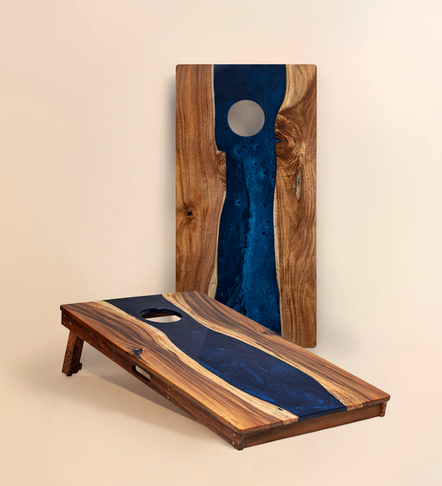 2x4 One of a Kind Blue Pearl Epoxy Resin Live-Edge Wood Cornhole Boards