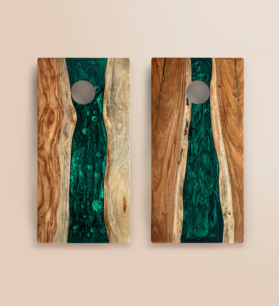 2x4 One of a Kind Green Pearl Epoxy Resin Live-Edge Wood Cornhole Boards