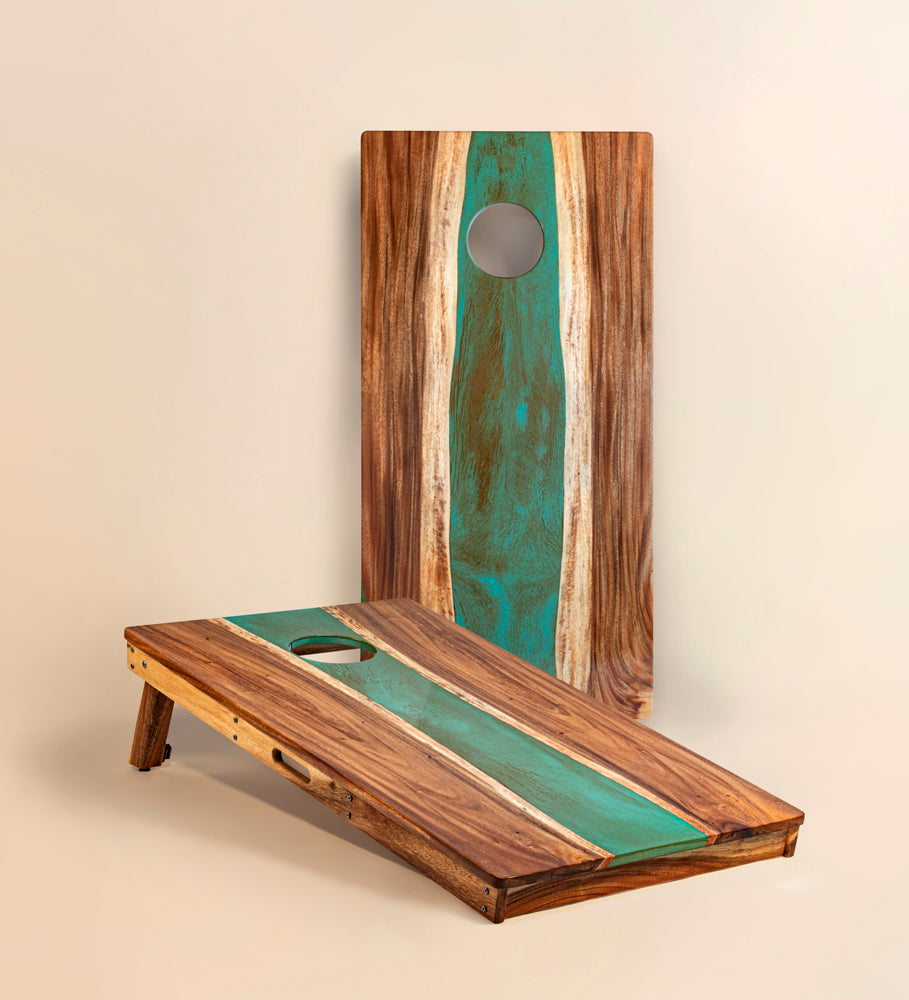 2x4 One of a Kind Teal and Orange Pearl Epoxy Resin Live-Edge Wood Cornhole Boards